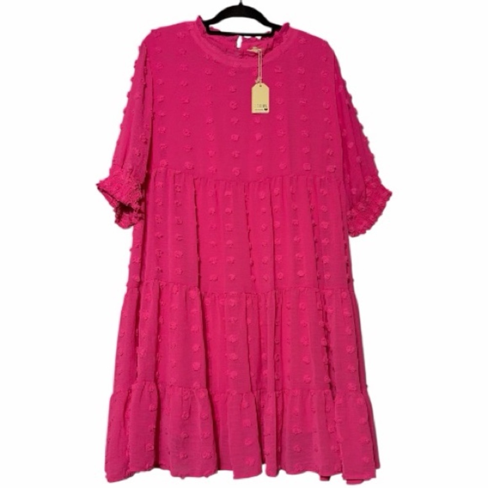 NEW Jodifl Bubblegum Pink Swiss Dot Tiered Babydoll Dress -Boho - Picture 2 of 6